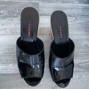 Black patent leather Prada platform slide
